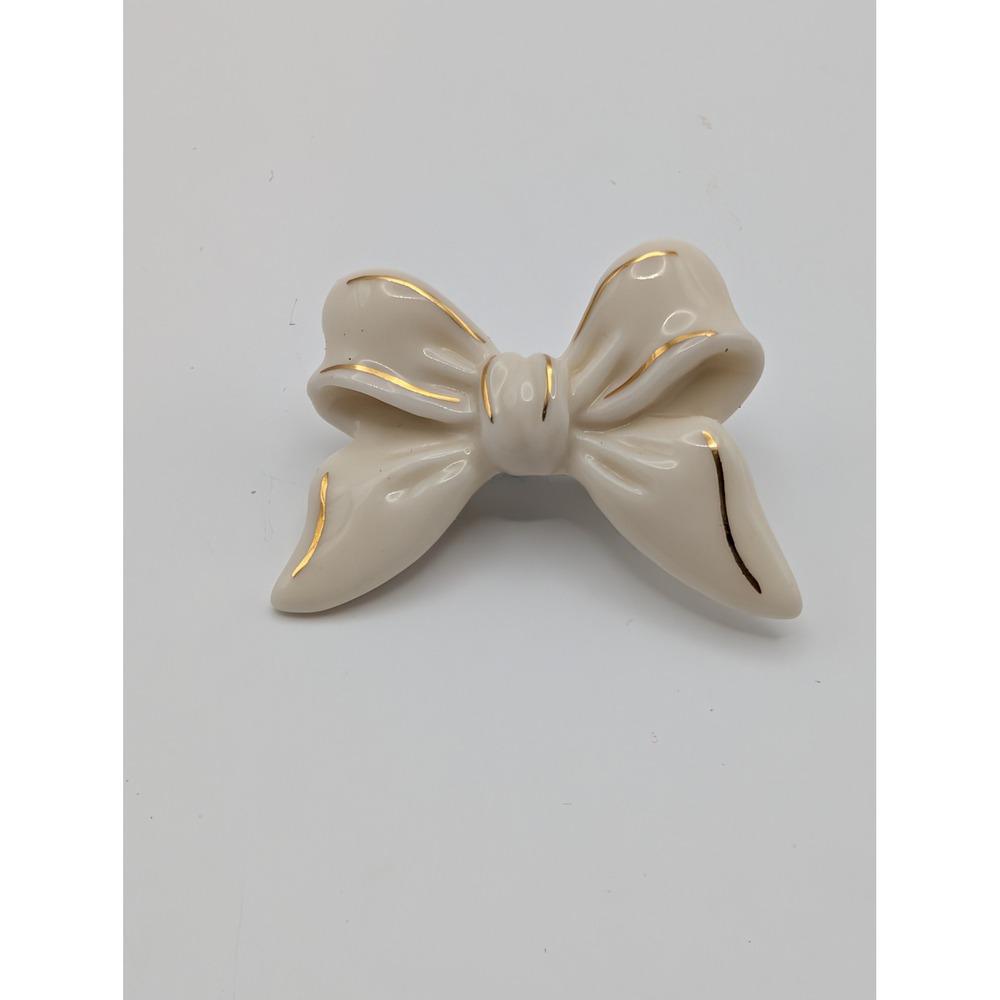 Lenox Porcelain Ivory Gold Trim Bow Brooch Pin Ceramic Vintage 1.5"